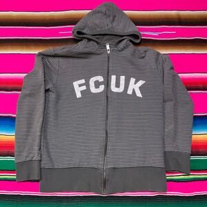 Vintage‎ FCUK Hoodie Men's M Full Zip Grey Striped Spellout Sweater Designer Y2K
